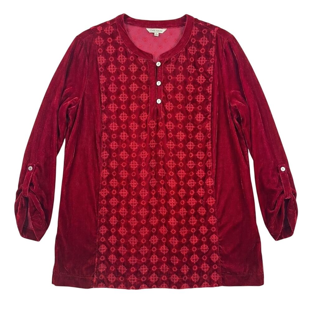 John Mark Women's L Whimsigoth Boho Romantic Red Embroidered Velvet Henley Tunic